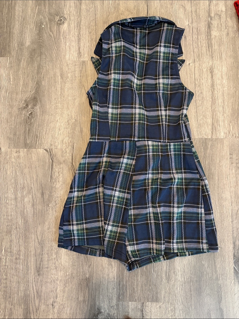 Francesca's Collections Navy, Green & White Plaid Sleeveless Romper - Picture 2 of 2